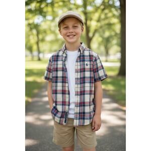 Ralph Lauren Boys Blue/Red Plaid Short Sleeve Button-Down Shirt – Size 4